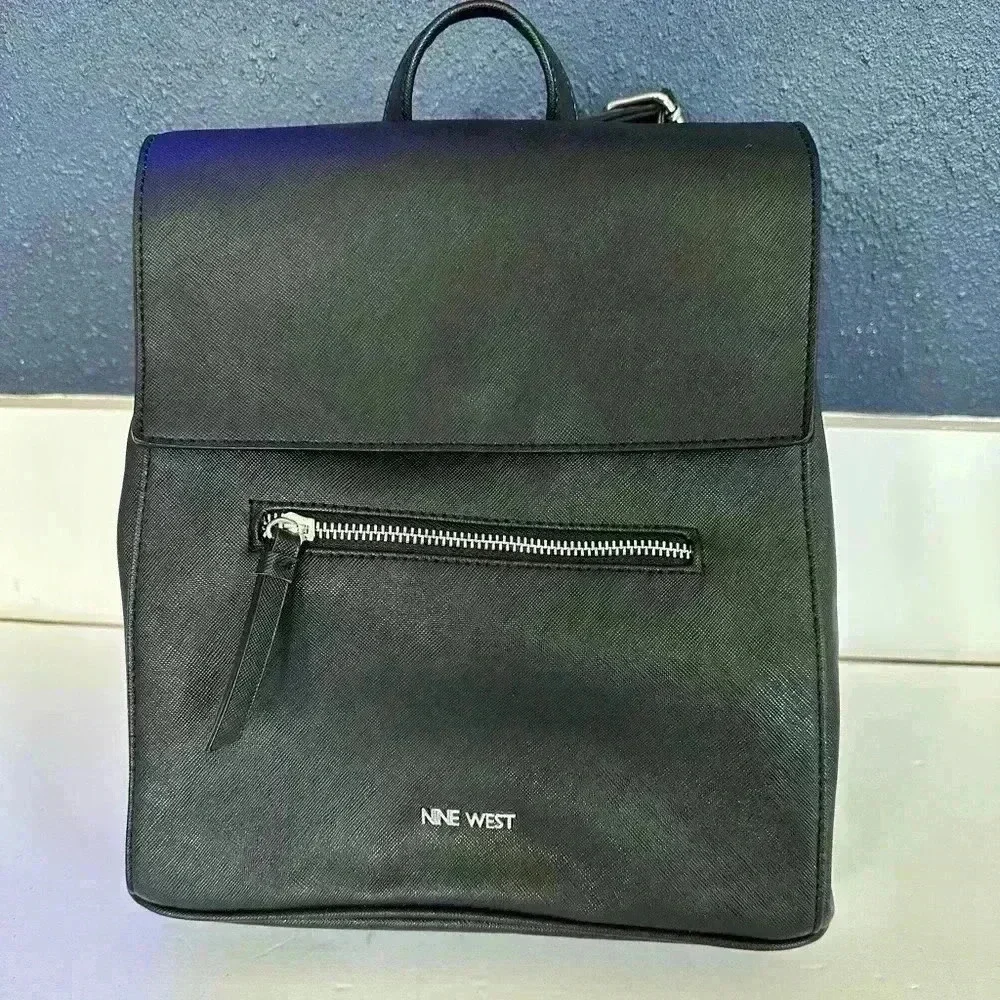 Nine West Black Faux Leather Flap Backpack Mini Front Zip Pocket